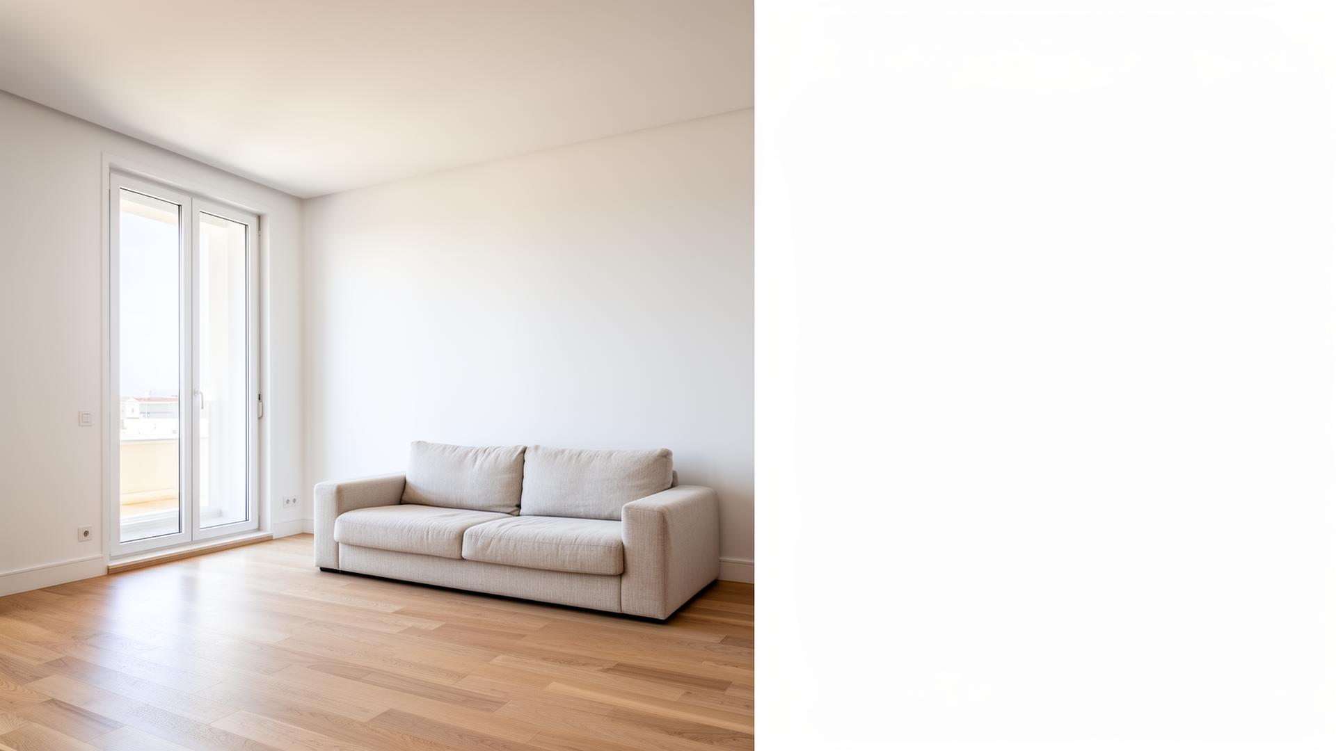 Sala remodelada com acabamento minimalista, luz natural e pavimento em carvalho claro